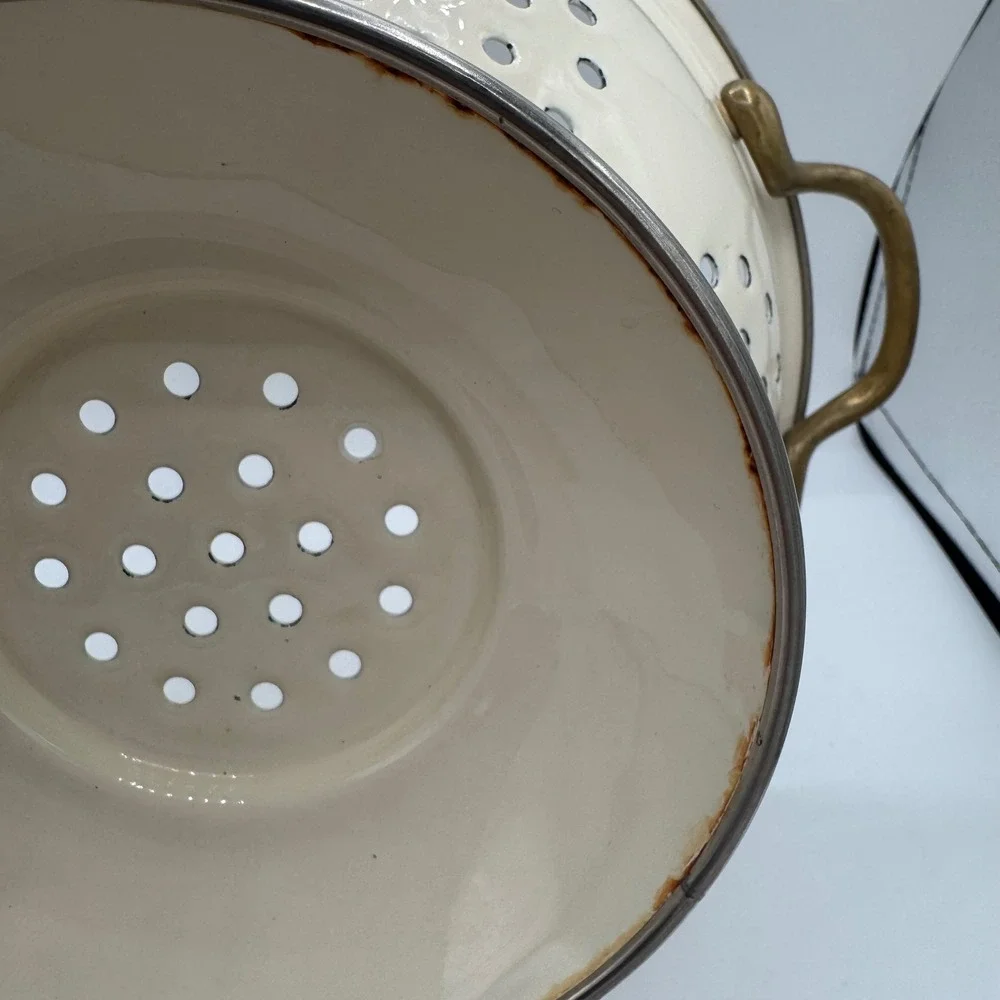 Vintage Enamel Floral Colander Cream Pedestal Strainer Brass Handles Floral Bowl